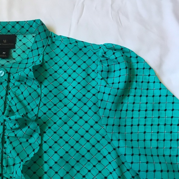 Worthington Teal Ruffle Front Button Down Shirt M - Picture 8 of 8